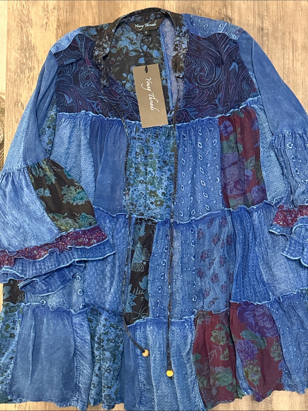 YOUNG THREADS Deep Indigo Patchwork Boho Tunic Blouse NWT - Picture 3 of 3